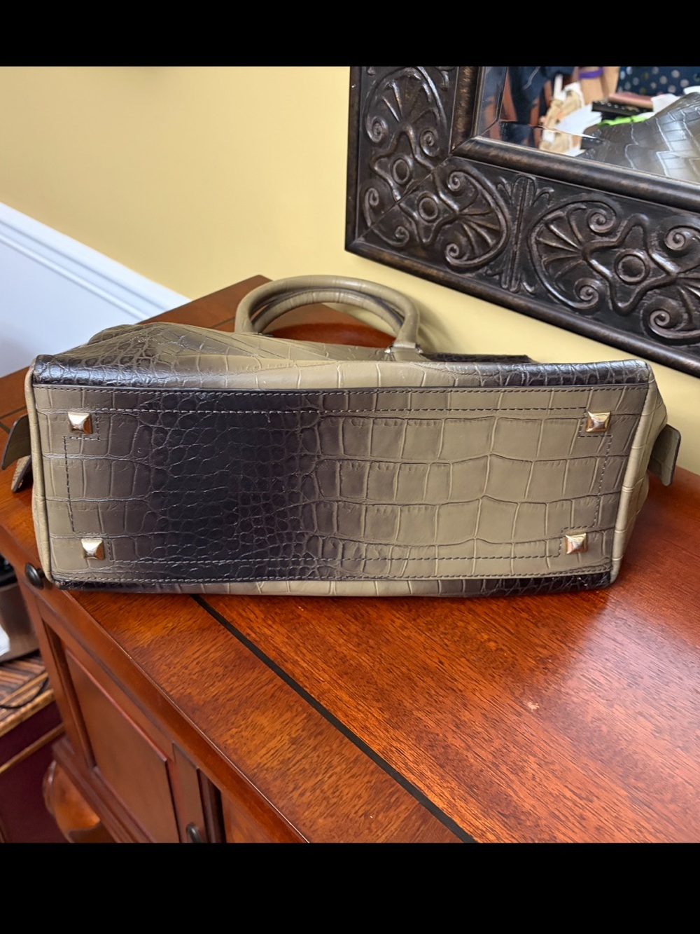 Henri Bendel Croc-Embossed Leather Satchel Olive/Black - Picture 13 of 15